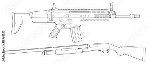Set of firearms line art style, Shooting gun, Weapon illustration, Vector Line, Gun illustration, Modern Gun, Military concept, Pistol line art for training 