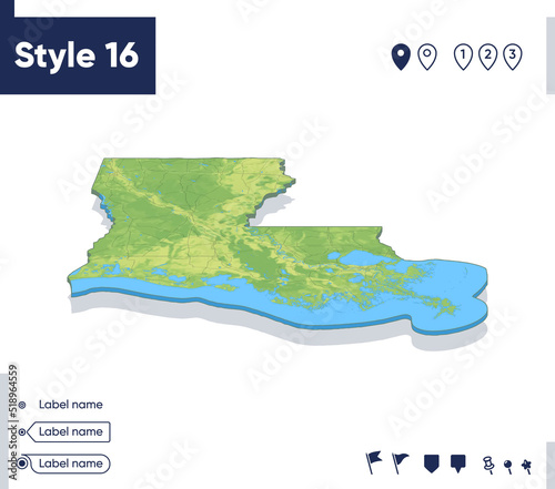 Louisiana, USA - map with shaded relief, land cover, rivers, mountains. Biome map with shadow.
