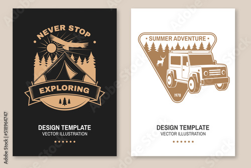 Set of camping inspirational quotes. Vector. Concept for flyer, brochure, banner, poster. Vintage typography design with camper tent, condor, off road car and forest silhouette.