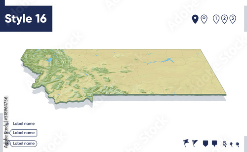 Montana, USA - map with shaded relief, land cover, rivers, mountains. Biome map with shadow.