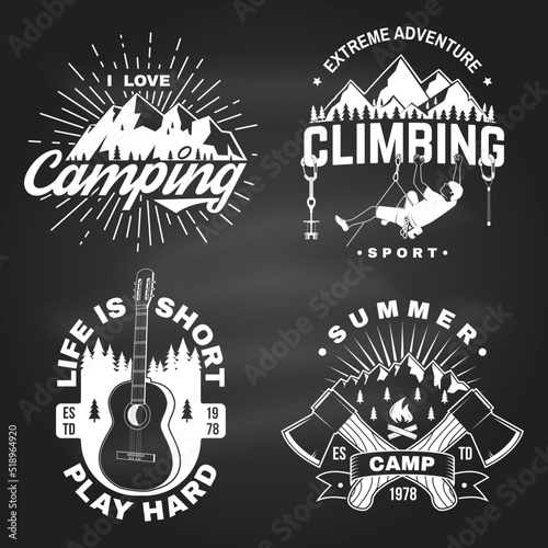 Set of camping badges design on chalkboard. Vector illustration. Concept for shirt or logo, print, stamp or tee. Vintage typography design with guitar, climber, mountain, axe and forest silhouette.