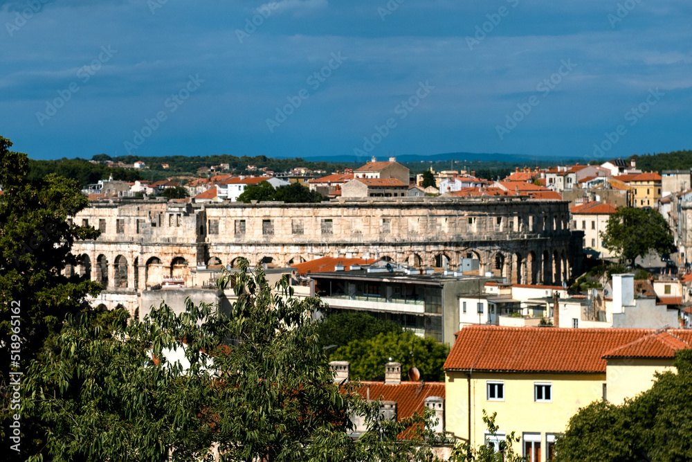 Aerial view of Pula, Croatia, with its main tourist attraction - Roman amphitheatre Arena