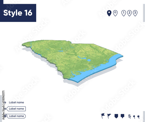 South Carolina, USA - map with shaded relief, land cover, rivers, mountains. Biome map with shadow.