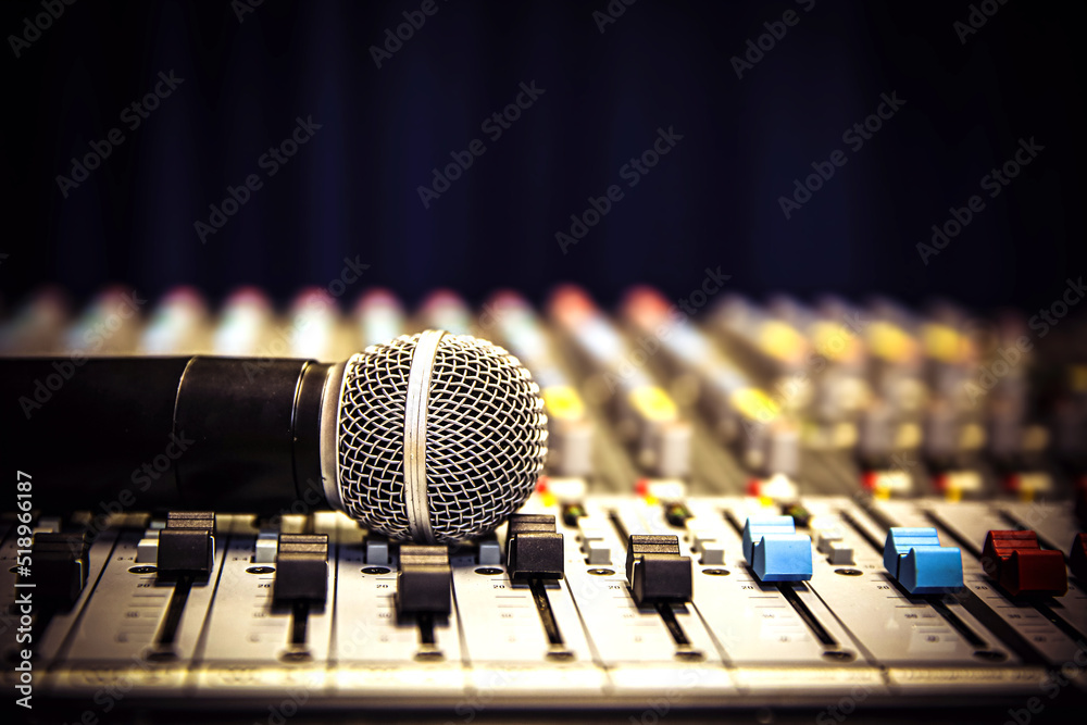 Close-up microphone and sound mixer in studio for sound record control  system and audio equipment and music instrument Stock Photo | Adobe Stock
