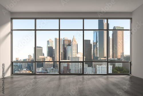 Empty room Interior Skyscrapers View. Cityscape Downtown Seattle City Skyline Buildings from High Rise Window. Beautiful Real Estate. Day time. 3d rendering. © VideoFlow