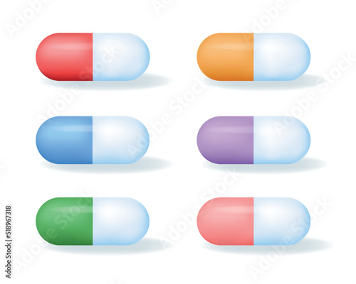 Multicolored Medicine pills, capsules or drugs. Healthcare and medicine concept. 3d medicament vector icons isolated on white background.