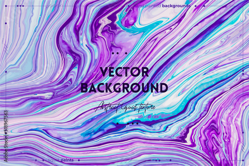 Fluid art texture. Backdrop with abstract swirling paint effect. Liquid acrylic picture with flows and splashes. Mixed paints for posters or wallpapers. Purple, turquoise and blue overflowing colors.