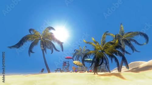 Isola tropicale con ombrelloni e riflesso sole photo