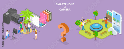 3D Isometric Flat Vector Conceptual Illustration of Smartphone Vs Camera, Photography Competition