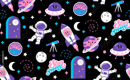 Space universe seamless pattern in flat vintage cartoon style. Telescope, rocket, ufo, comet, astronaut, planet, star, moon in childish doodle design.