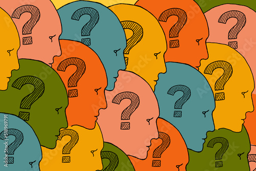 Human faces with question marks inside. FAQ. Frequently Asked Questions.