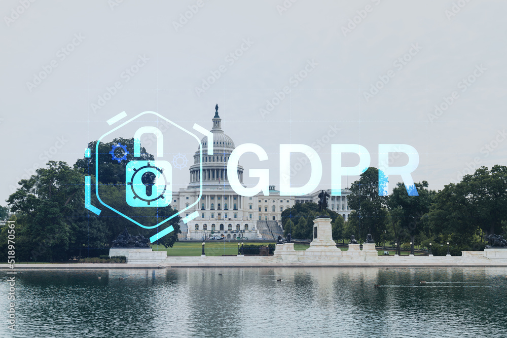 Capitol dome building exterior, Washington DC, USA. Home of Congress and Capitol Hill. American political system. GDPR hologram, concept of data protection regulation and privacy for all individuals