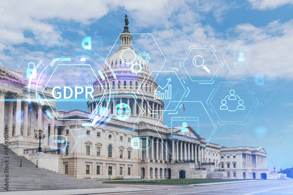 Capitol dome building exterior, Washington DC, USA. Home of Congress and Capitol Hill. American political system. GDPR hologram, concept of data protection regulation and privacy for all individuals