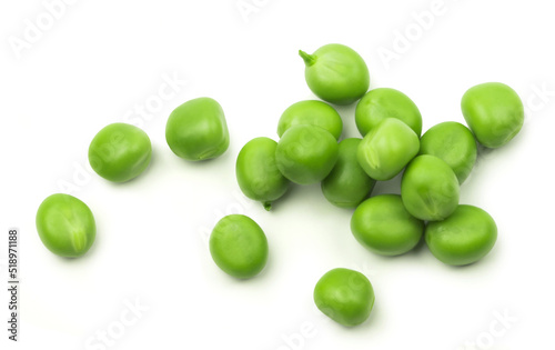 Peas isolated. Green peas on a white background, top view.