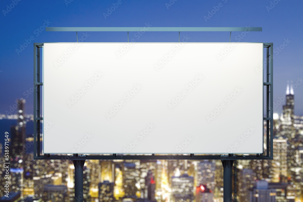 Blank white billboard on cityscape background at evening, front view. Mock up, advertising concept Blank white billboard on cityscape background at evening, front view. Mock up, advertising concept