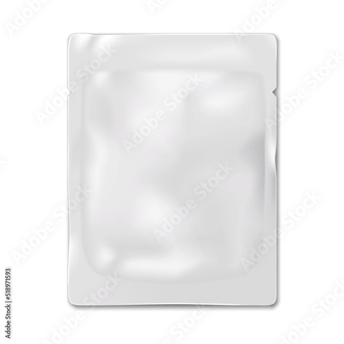 Blank white sachet packet with tear notches vector mock-up. Plastic, paper or foil pouch template. Food, medical or cosmetic product individual package mockup