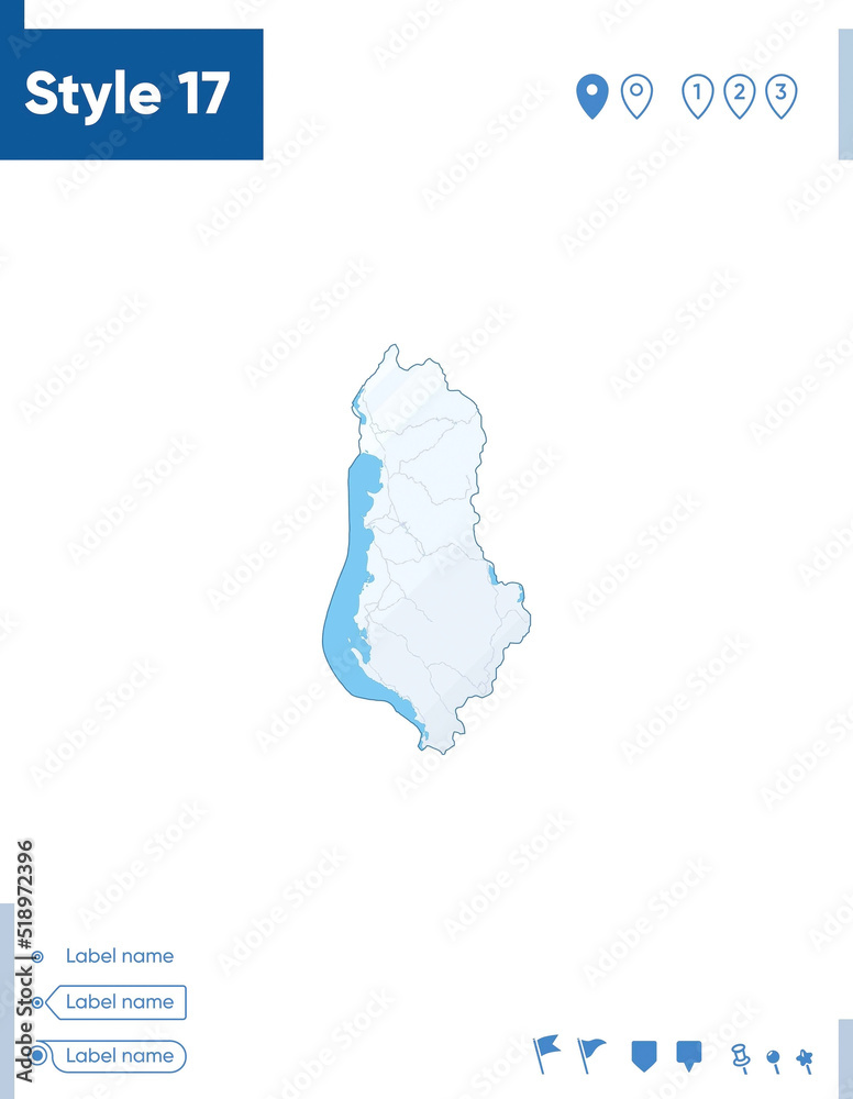 Albania - map isolated on white background with water and roads. Vector map.