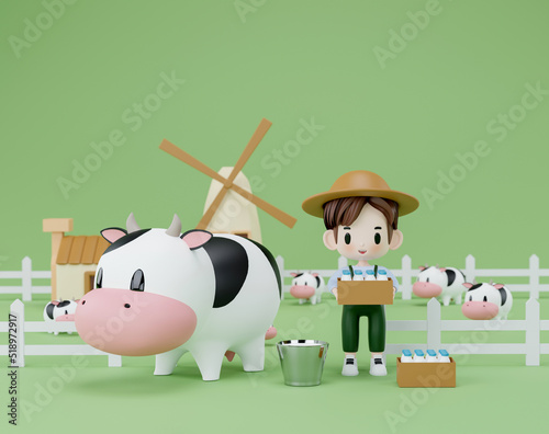 3d illustration. Villagers and dairy farms