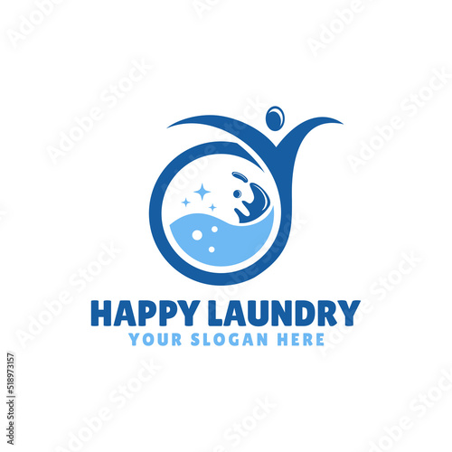 Happy Laundry Logo with Circle Wash Machine and People Shape Combination.