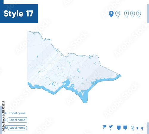 Victoria, Australia - map isolated on white background with water and roads. Vector map.
