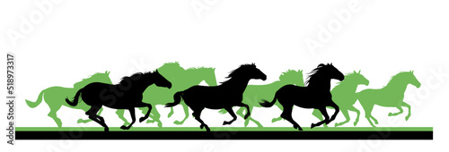 Herd of horses gallops fast. Image silhouette. Wild and domestic animals. Isolated on white background. Vector