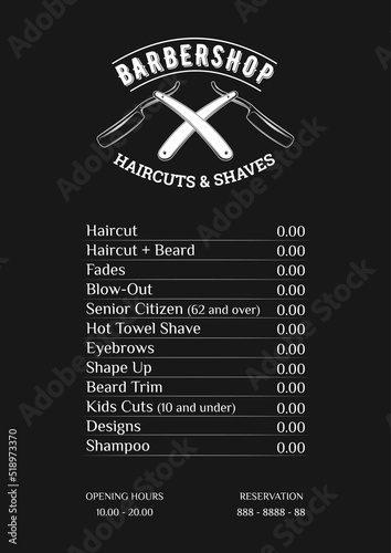 Vector Illustration business card price list and special offer for barber shop. Pricelist for barber shop with label opening hours and reservation on black background. Printable template a4 a5