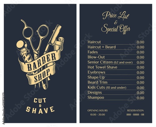 Vector Illustration business card price list and special offer for barber shop. Pricelist for barber shop with label opening hours and reservation on blue background. Printable template. Vintage style