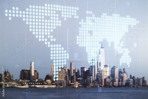 Multi exposure of abstract graphic world map hologram on Manhattan office buildings background, connection and communication concept