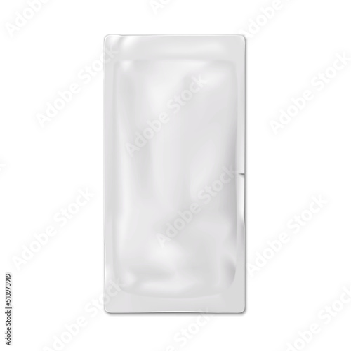 Blank white sachet packet with single tear notch vector mock-up. Plastic pouch template. Food, medical or cosmetic product individual package mockup