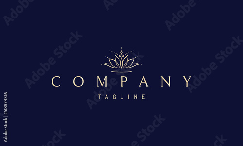 Vector golden logo on which an abstract image of a blooming lotus flower on a pond.