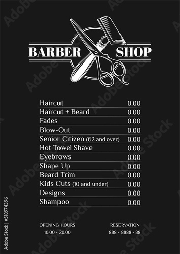 Vector Illustration business card price list and special offer for barber shop. Pricelist for barber shop with label opening hours and reservation on black background. Printable template a4 a5
