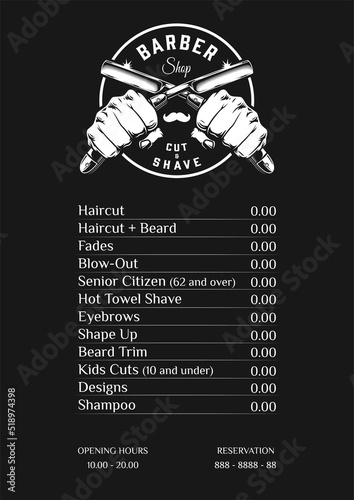 Vector Illustration business card price list and special offer for barber shop. Pricelist for barber shop with label opening hours and reservation on black background. Printable template a4 a5