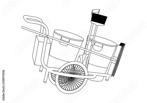 Trazado de carro de los servicios de la limpieza. Carro de barrendero con dos cubos, cepillo, escoba y recogedor