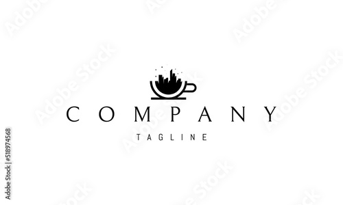 Vector logo on which an abstract image of a cup inside which is a silhouette of the city.