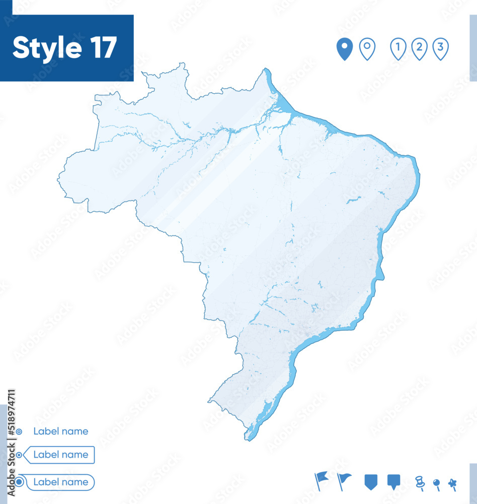Brazil - map isolated on white background with water and roads. Vector map.