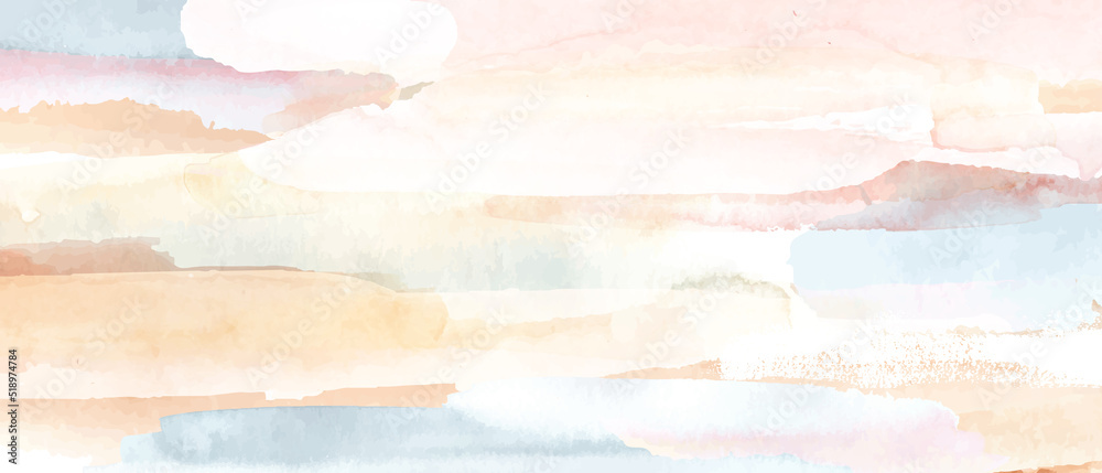 Abstract horizontal watercolor background. Colorful hand painted stains in pale, beige, yellow, ivory, pink, blue, grey colors.