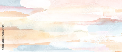 Abstract horizontal watercolor background. Colorful hand painted stains in pale, beige, yellow, ivory, pink, blue, grey colors.