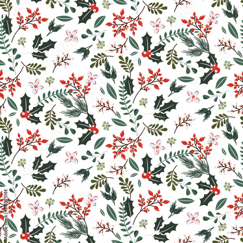 Christmas tree branches and berries seamless pattern. Winter holidays white background wrap paper design.