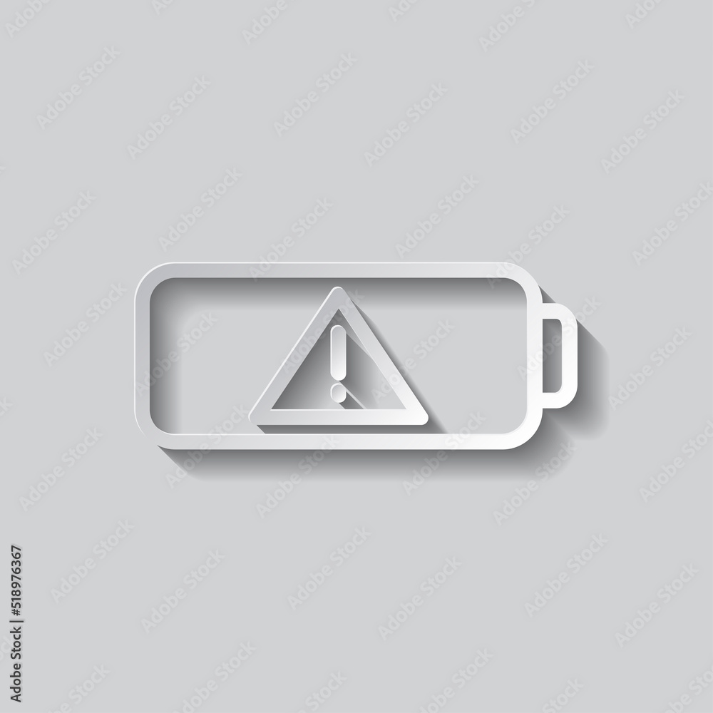 Battery attention simple iocn vector. Flat design. Paper style with shadow. Gray background.ai