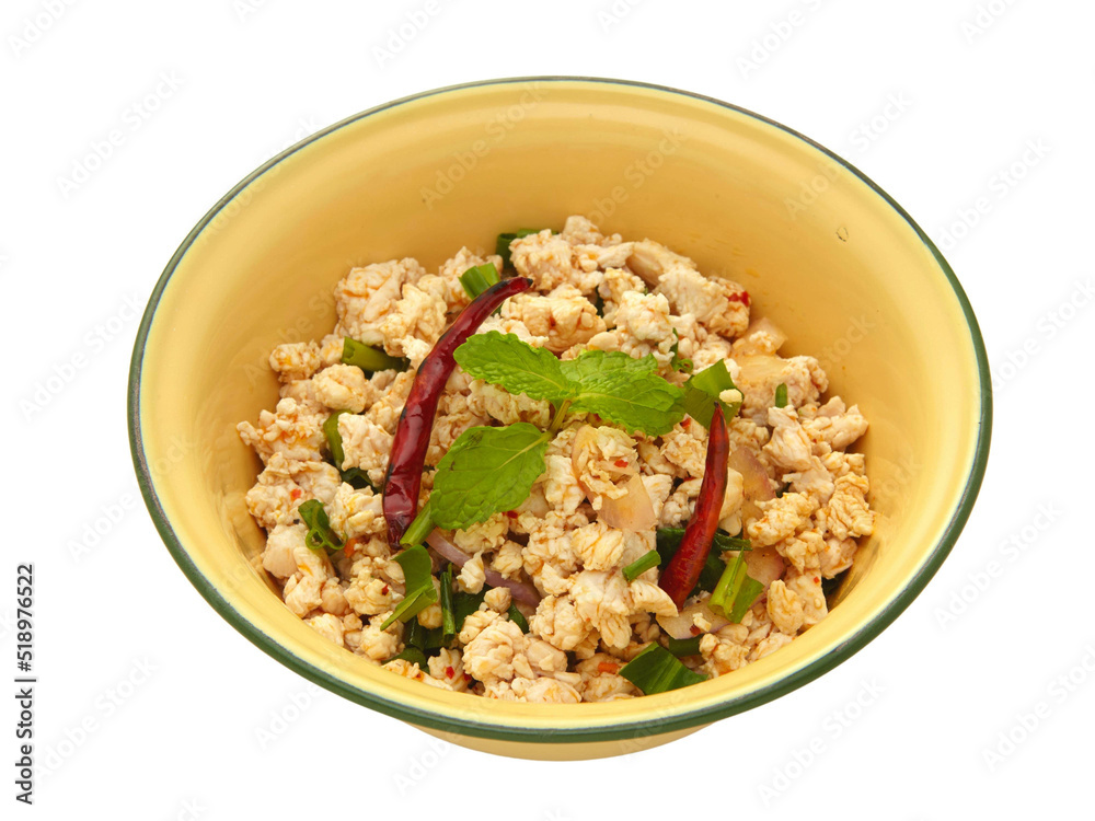 Larb moo - Spicy Minced Pork Salad,white background,top view Larb moo - Spicy Minced Pork Salad,white background,top view