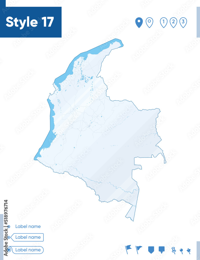 Colombia - map isolated on white background with water and roads. Vector map.