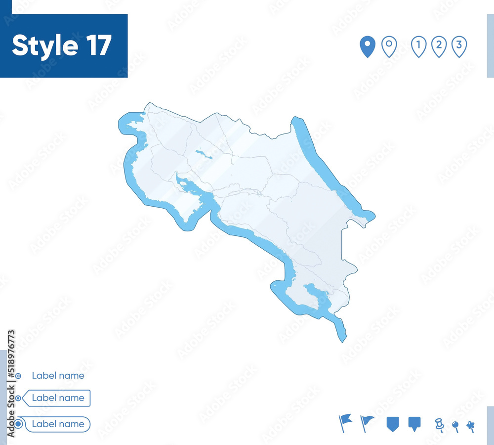 Costa Rica - map isolated on white background with water and roads. Vector map.