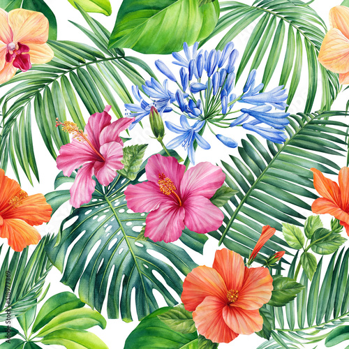 Palm leaves, tropical flowers orchid, hibiscus on white background, watercolor botanical. Seamless patterns.