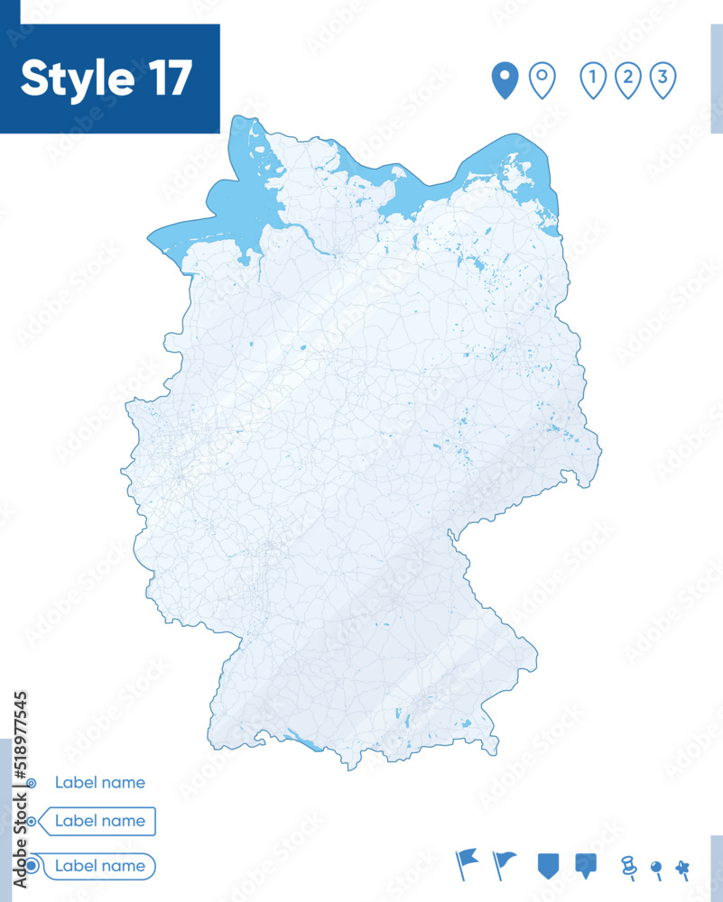 Germany - map isolated on white background with water and roads. Vector map.