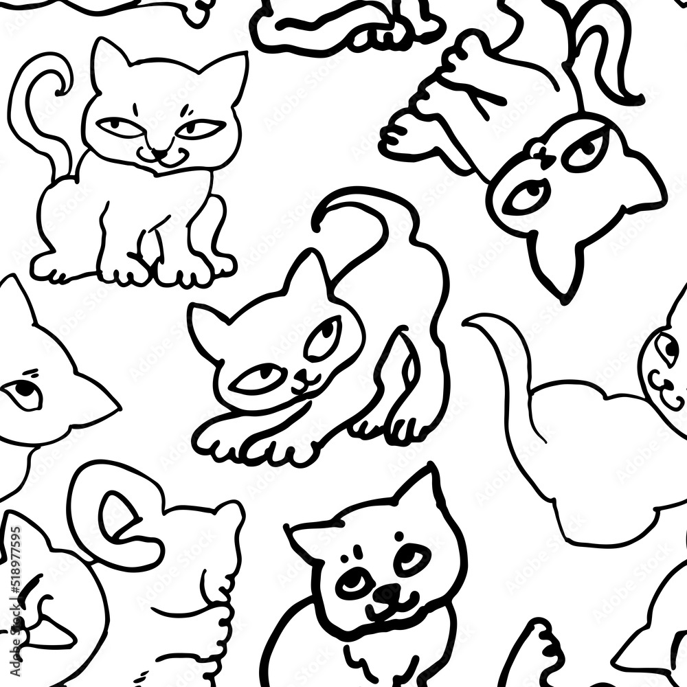 Cute cats pattern for wallpaper, wrapping paper, textile fabric print, pet shop, baby shower, kids room, children theme background. Decorative colourful hand drawn illustration. Line art drawing. Cute cats pattern for wallpaper, wrapping paper, textile fabric print, pet shop, baby shower, kids room, children theme background. Decorative colourful hand drawn illustration. Line art drawing.