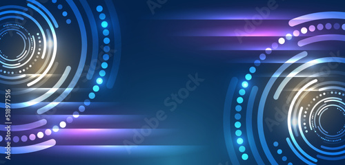 Hi-tech computer digital technology concept. Wide Blue background with various technological elements. Abstract circle technology communication, vector illustration.