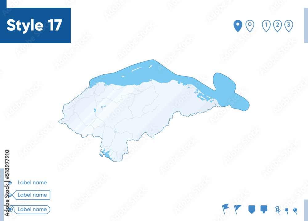 Honduras - map isolated on white background with water and roads. Vector map. Honduras - map isolated on white background with water and roads. Vector map.