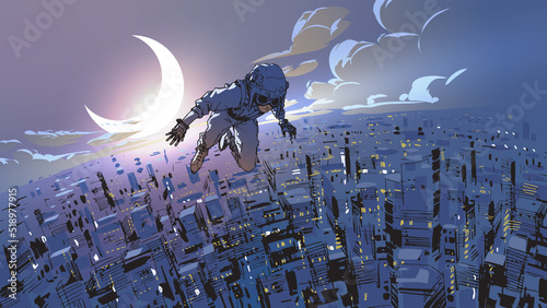 superboy flying in the sky over the big city at night, digital art style, illustration painting