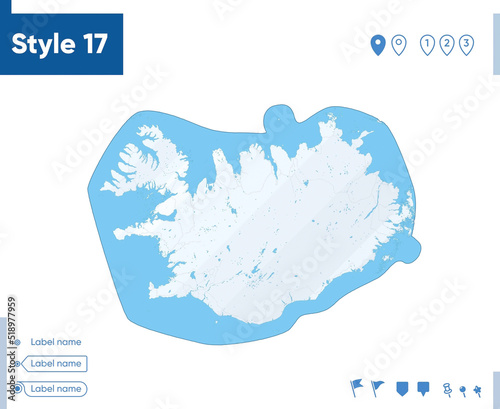 Iceland - map isolated on white background with water and roads. Vector map.