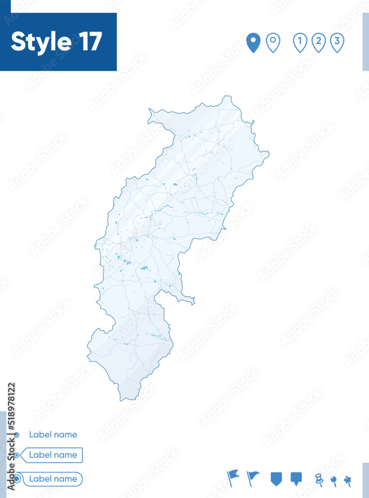 Chhattisgarh, India - map isolated on white background with water and roads. Vector map.